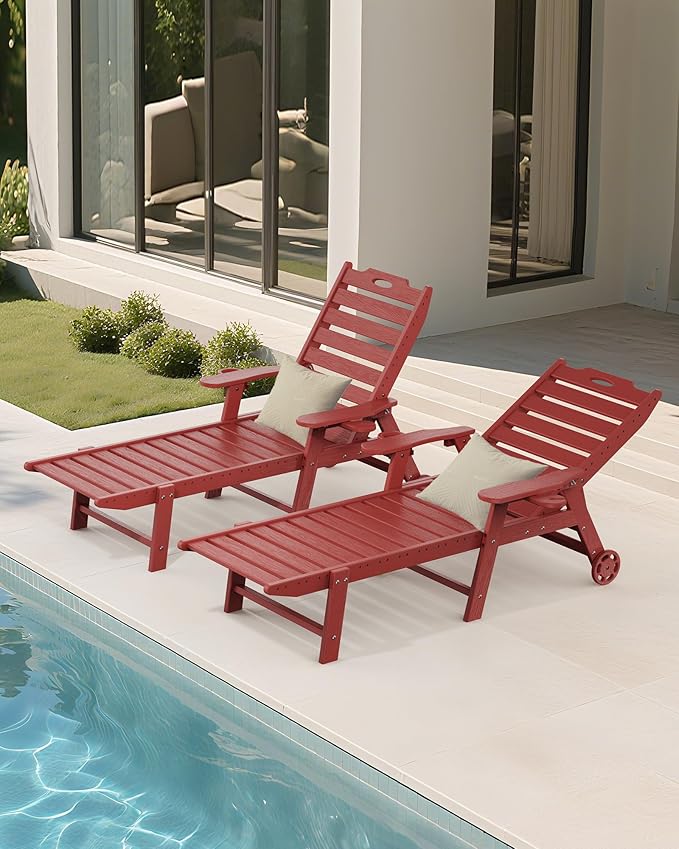 Carauci Lounge Chair Outdoor Set of 2, HDPE Chaise Lounge with Wheels, 5-Position Adjustable Backrest & 2 Cup Holders Patio Lounge Chair, All-Weather Pool Sun Lounger for Poolside, Backyard, Red