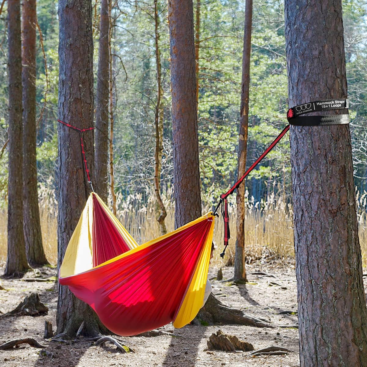 Gold Armour Hammock Straps XL Combined 20 Ft Long, 36 Loops with 2 Carabiners - Must Have Camping Hammock Accessories & Gear to Hang Camping Hammocks (Black with Red Stitching)