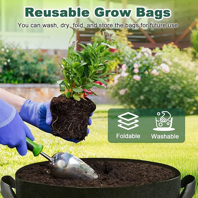 5 Pack 10 Gallon Thickened Grow Bags, Aeration Nonwoven Fabric Planting Bags with Handles, Heavy Duty 300G Garden Planter Pot for Tomato, Potato, Strawberry, Vegetable, Fruits and Flowers