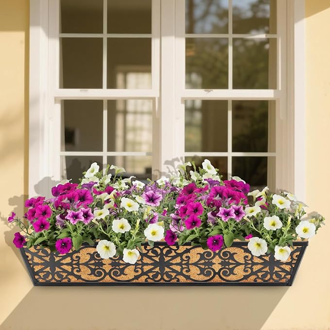 2 Pack 30 Inch Window Boxes Planters Railing Planter Box with Adjustable Brackets & Coco Liners Fabric Plant Grow Bags Deck Railing Planter Boxes Balcony Hanging Flower Box for Outdoor Plants