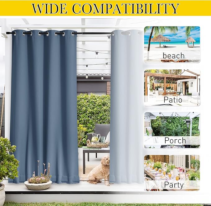 NICETOWN 2 Panels Outdoor Curtains for Patio Waterproof 108 inches Long, Windproof Thermal Insulated Top & Bottom Grommet & Back Tab Blackout Drapes with Rope for Fixed, Stone Blue, W52 x L108