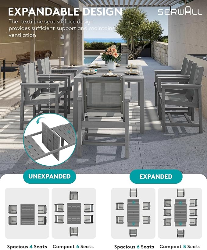 SERWALL 7-Piece Patio Dining Sets, 60" - 83" Expandable Outdoor Dining Table with 6 Breathable Textilene Chairs, All Weather HDPE Patio Furniture Set for Backyard, Garden, Grey
