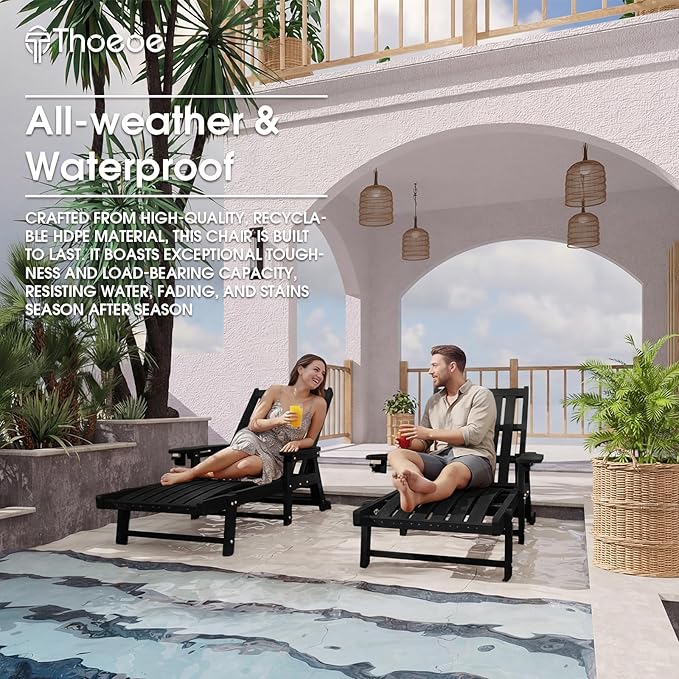 Patio Chaise Lounge Chair Set of 4, Oversized Lounge Chair Outdoor with 5 Positions, HDPE, Patio Lounge Chair with Wheels & Cup Holder for Pool, Deck, Poolside,Black