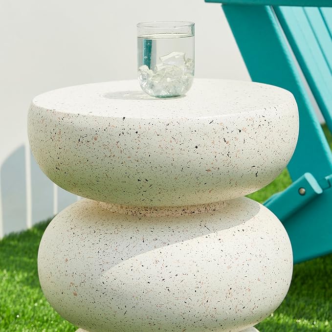 Glitzhome Outdoor Side Table Set of 2, 18" H Decorative Garden Stool MgO Faux Terrazzo End Table, Heavy Duty Indoor Outdoor Round Planter Stand for Living Room Bedroom Patio Deck Poolside,White