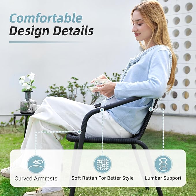Amopatio Outdoor Dining Chairs Set of 6, Rattan Patio Chairs Wicker, Stackable Indoor-Outdoor Chair, Bistro, Deck, Yard, Porch, Restaurant Stack Chairs, Black