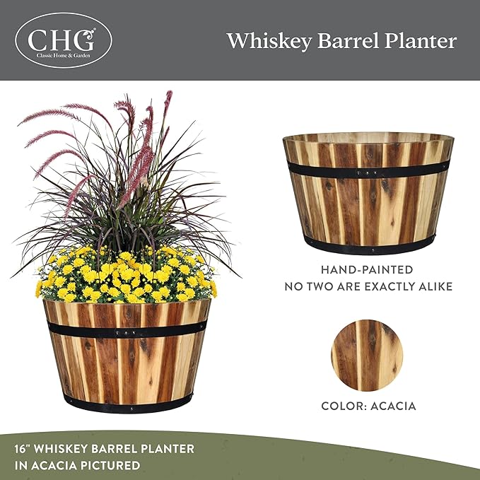 Classic Home and Garden Outdoor Whiskey Resin Flower Pot Barrel Planter, Oak Brown, 20.5" (Pack of 2)