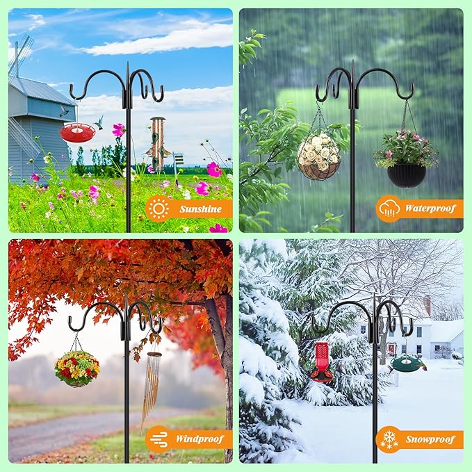 FEED GARDEN 92" Squirrel-Proof Bird Feeder Pole - Heavy-Duty Shepherd's Hook with 3 Hooks, 5-Prong Base & 19" Baffle for Outdoor Feeders & Plants
