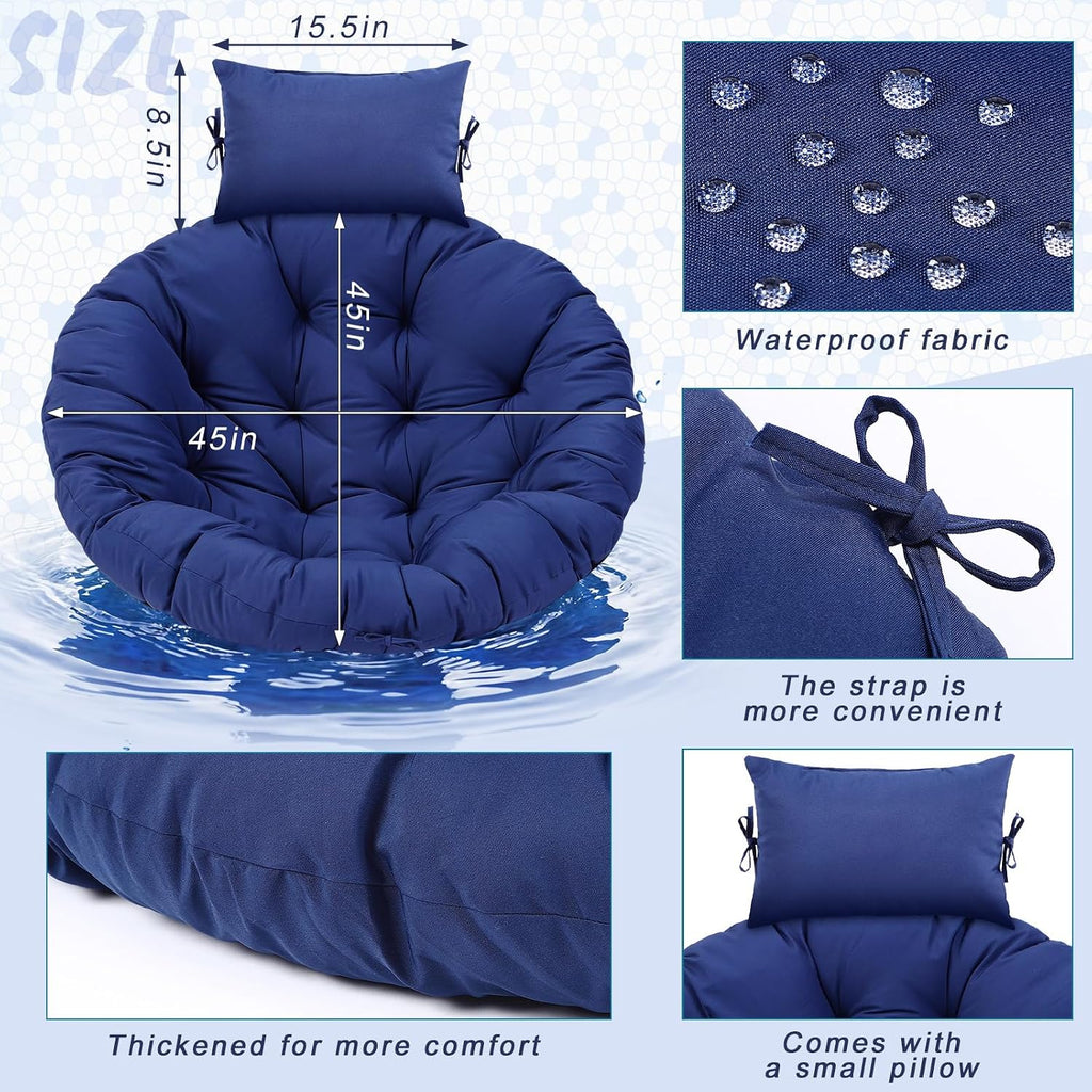Tudomro Navy Blue Egg Chair Cushion Hanging Basket Chair Replacement 45x45 Hammock Basket Swing Waterproof Cushion Hanging Swing Pads with Headrest for Indoor Outdoor Porch Backyard Patio Garden