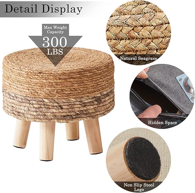 Cpintltr Ottoman Outdoor Sea Grass Stool Poufs Hand Woven Round Foot Stool for Sofa Desk Soft Step Stool Padded Foot Rest Multiple Colors Decorative Furniture Natural/Brown