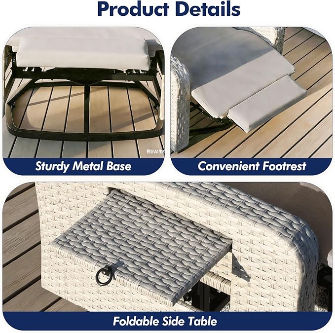 Outdoor Recliner Chair, Wicker Patio Recliners with Adjustable Backrest and Extended Foot Rest, Reclining Patio Chairs with Flip Table & Removable Cushion Cover for Porch
