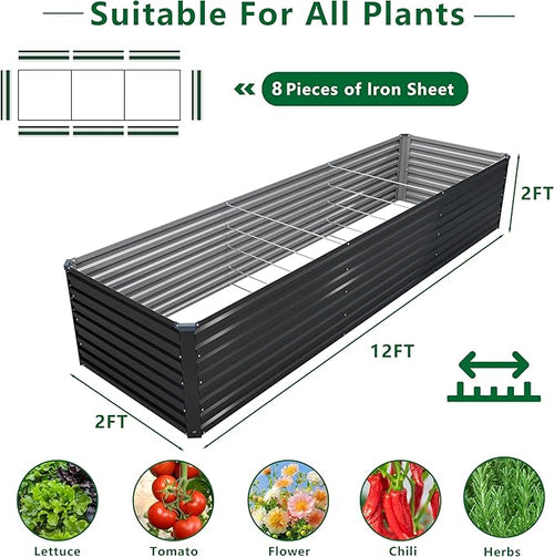 12x2x2FT Galvanized Raised Garden Bed Kit,Vegetable Plant Boxes-Rectangle Metal Flower Box,Large Planter Raised Beds Outdoor Garden for Planting,Fruit,Herb-Black
