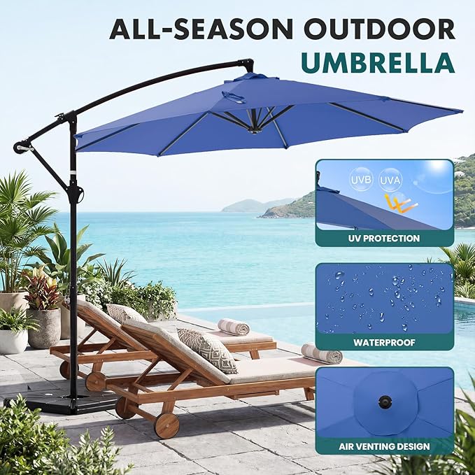 OLIXIS Offset Patio Umbrella, 9.7FT Cantilever Table Umbrellas for Outdoor Sun Shade UV Protection with Easy Tilt Adjustment, 8 Ribs for Backyard, Lawn, Garden, Pool - Blue