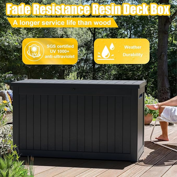 281 Gallon Outdoor Storage Box Waterproof, Large Resin Patio Deck Boxes, Lockable Outdoor Storage Container for Patio Furniture, Garden, and Pool Tools (281 Gallon, Black)