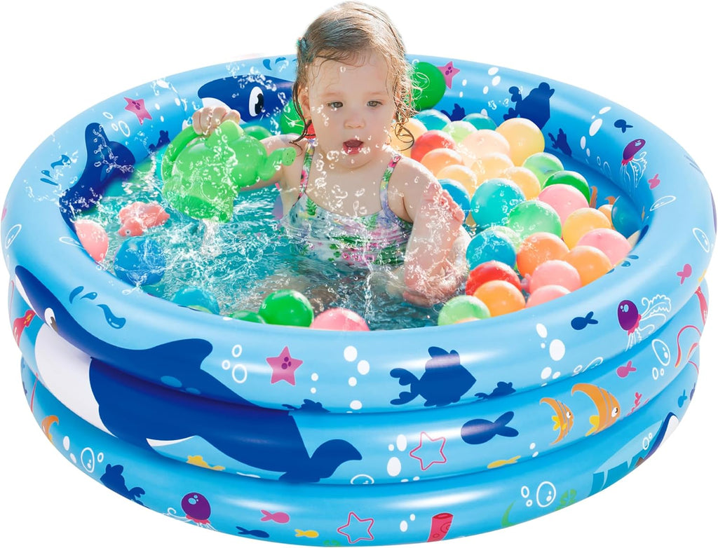 Sloosh Inflatable Kiddie Pool, 34"x10" Blow Up Kid Swimming Pool, 3 Rings Blue Baby Pool for Toddler, Play Pit for Dog with Ocean Whale Pattern for Summer Water Party Backyard Garden(Whale)