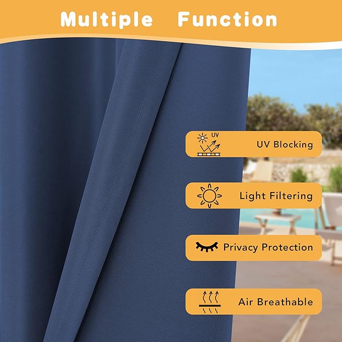 HolidayIdeas Outdoor Curtains for Patio Waterproof, 4 Panels - 54 x 108 Inch - Privacy Protection & Light Filtering Curtains Navy Grommet Outside Curtains for Porch, Gazebo, Pergola, Backyard