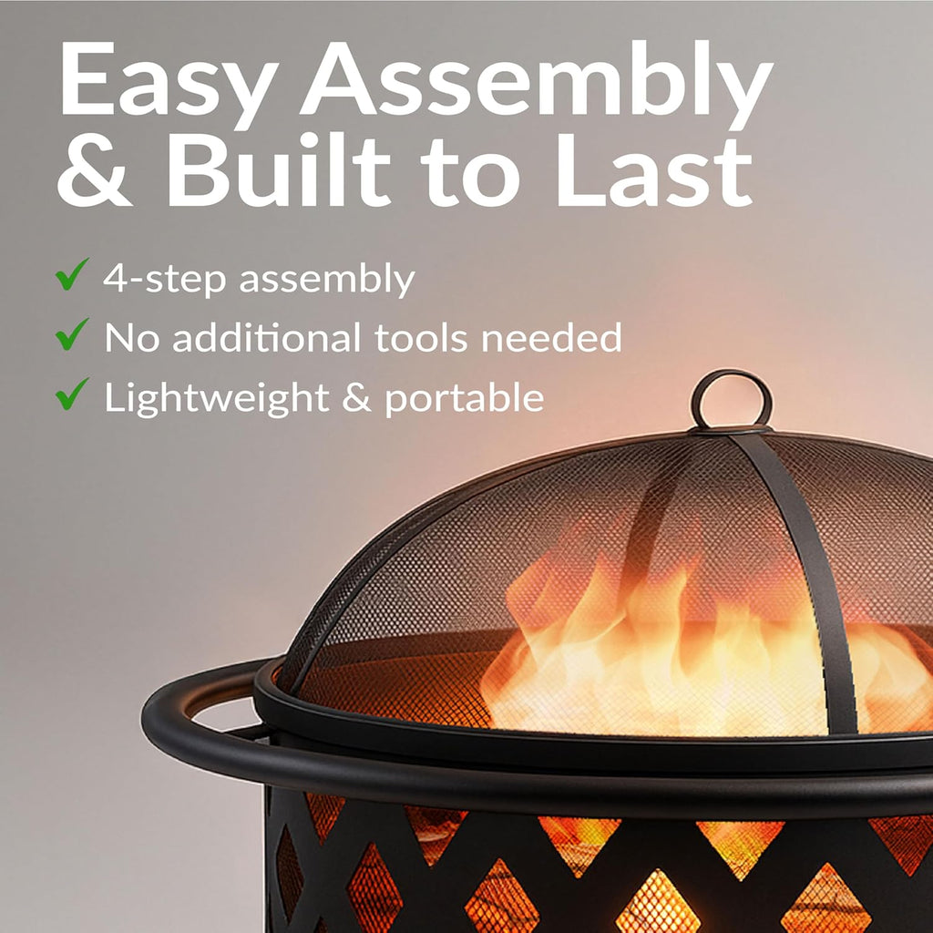 sunnydaze crossweave 36" large outdoor fire pit, wood showing dimensions