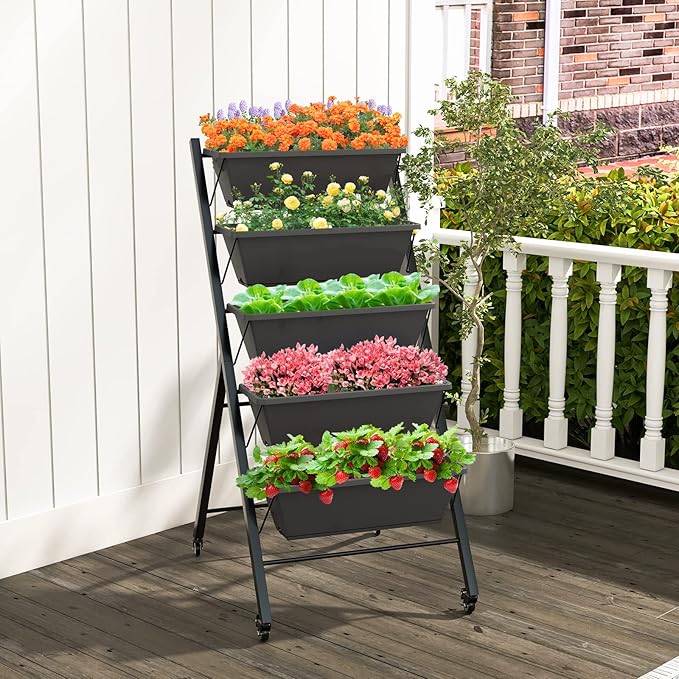 Giantex Set of 2 Vertical Raised Garden Bed on Wheels, Elevated Planter Raised Beds with Water Drainage, Freestanding 5 Container Boxes for Vegetables and Flowers Growing, Outdoor Indoor Patio Balcony