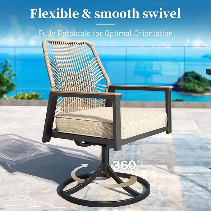 Patio Dining Set 9 Piece, 6 Woven Rattan Fixed Chairs and 2 Swivel Chairs with Waterproof Cushion, 83" Metal Rectangular Table with Umbrella Hole, Outdoor Table Set for Backyard Lawn Deck, Beige
