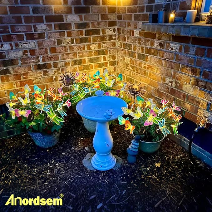 Anordsem Solar Garden Lights Outdoor: 8 Removable Optical Fiber Dragonflies 2 Pack - Waterproof Fun Animal Decoration for Yard Patio Path - Gardening Gifts for Garden Lovers Over 30