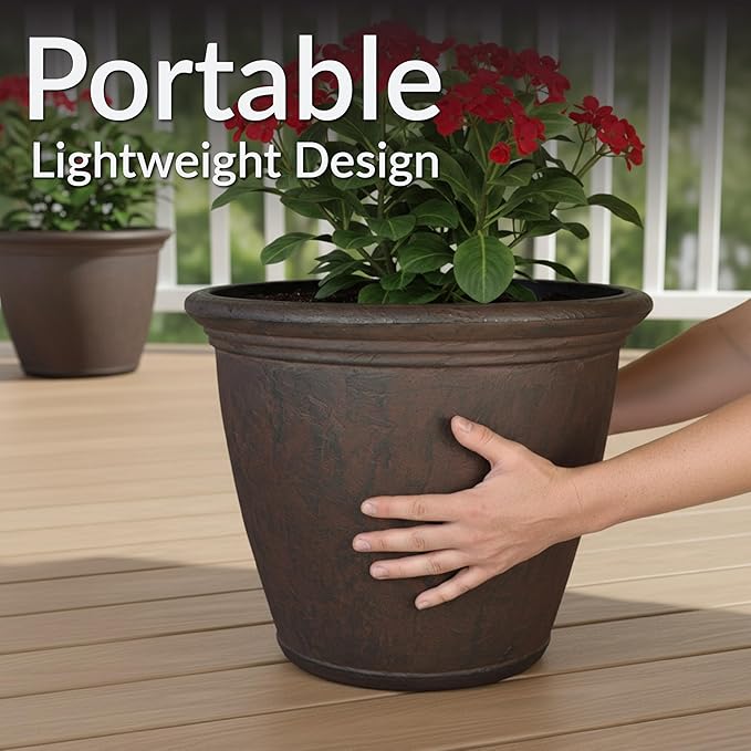 Sunnydaze 15.25-Inch Anjelica Large Plastic Pot for Plants - Outdoor Double-Walled Large Plastic Planter with Drillable Drainage Holes - Rust - 2pk