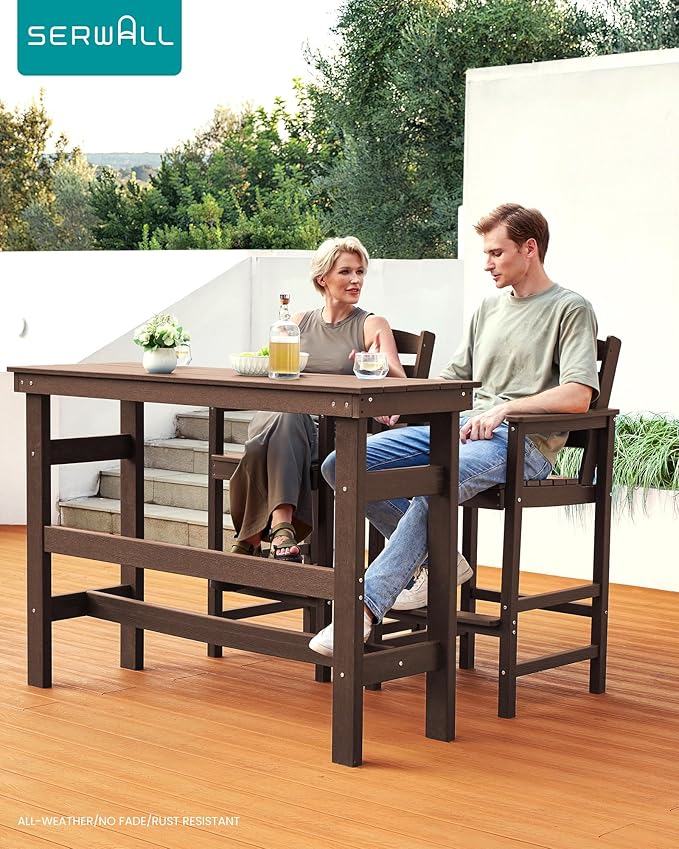 SERWALL Outdoor Bar Table and Chairs Set, Adirondack Bar Chairs Set of 2 and Bar Height Table, All Weather HDPE Patio Bar Set, Outdoor Furniture for Outside, Brown