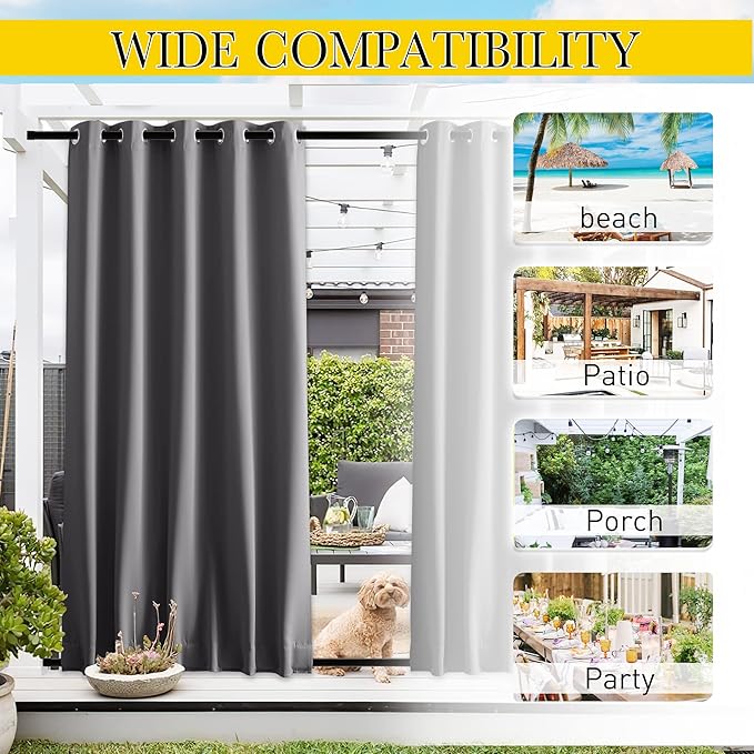 NICETOWN 2 Panels Outdoor Curtains for Patio Waterproof & Windproof, Grommet & Back Tab on Top & Bottom Weighted Drapes Keep Sun/Rain Out with Bouns Rope for Deck, Grey, W66 x L90
