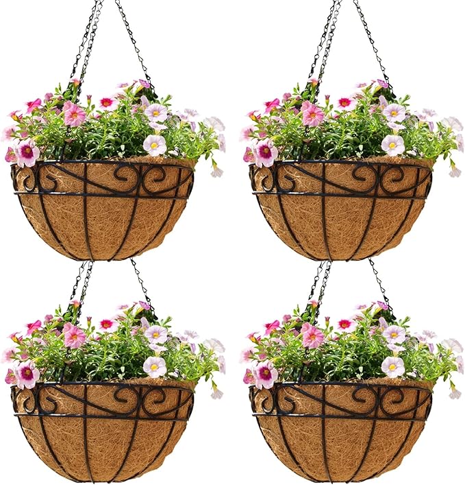 10 inch Metal Hanging Baskets For Plants Outdoor 4 Pack Round Metal Wire Hanging Basket Planter with Coco Fiber Liners Chain Round Wire Plant Holder for Garden, Patio, Deck, Porch Plants Flower Potsss