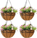 14 inch Metal Hanging Baskets For Plants Outdoor 4 Pack Round Metal Wire Hanging Basket Planter with Coco Fiber Liners Chain Round Wire Plant Holder for Garden, Patio, Deck, Porch Plants Flower Potss