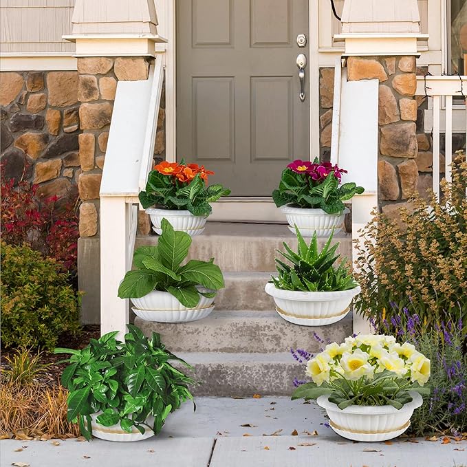 Hanging Planters, 5 Pcs 11" Hanging Pots, White Hanging Flower Pots, Hanging Plant Pots Baskets for Plants with Drainage Trays, Hanging Chains and Ceiling Hooks, Come with Free Garden Tools Set