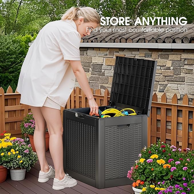 Outdoor Storage Box, Resin Deck Boxes Indoor and outdoor, Waterproof Storage Box Lockable Lid (Black,32 Gallon)