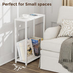 Homleke Narrow Side Table with Magazine Holder, Skinny End Table Perfect for Small Spaces, Space-Saving Design for Living Room, Bedroom, or Office, 7.1" D x 16.9" W x 23.6" H, White