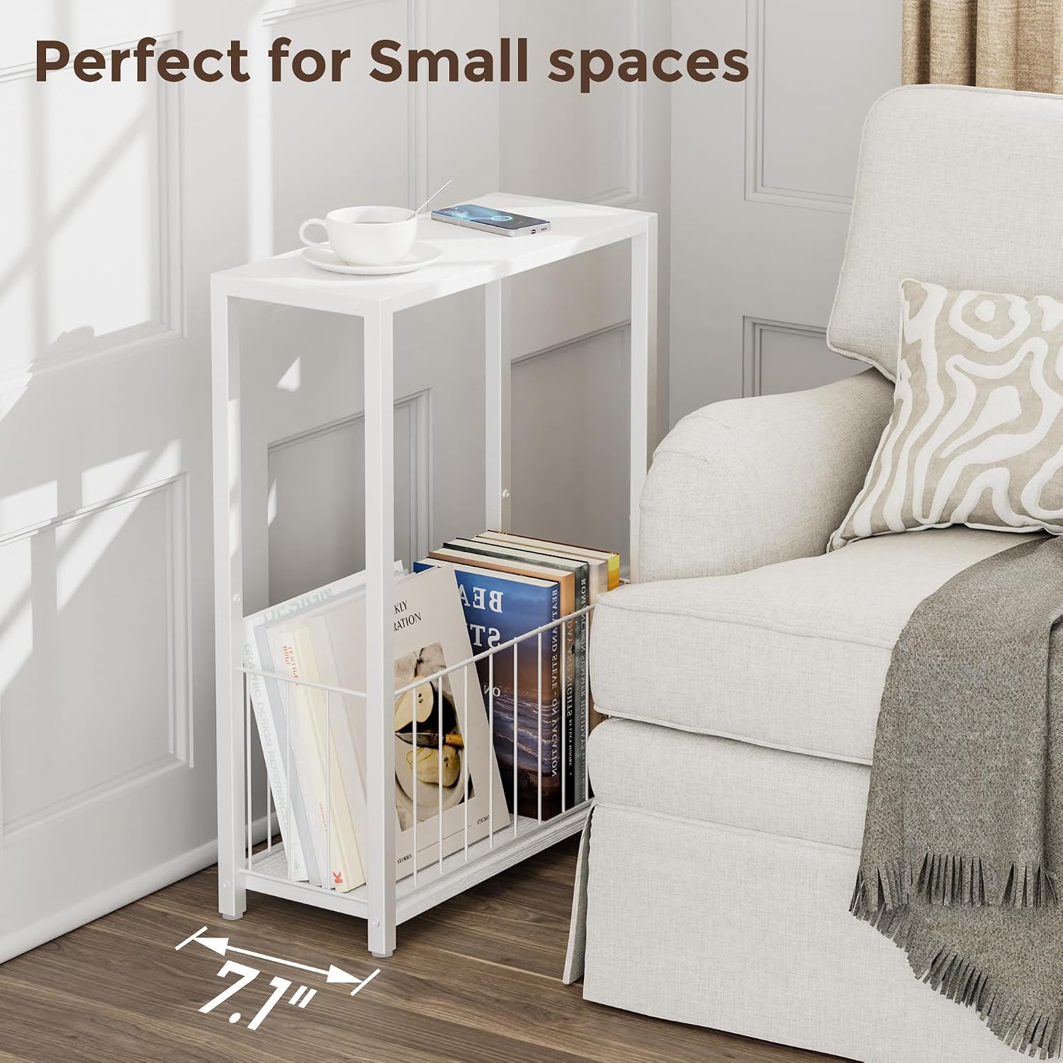Homleke Narrow Side Table with Magazine Holder, Skinny End Table Perfect for Small Spaces, Space-Saving Design for Living Room, Bedroom, or Office, 7.1" D x 16.9" W x 23.6" H, White