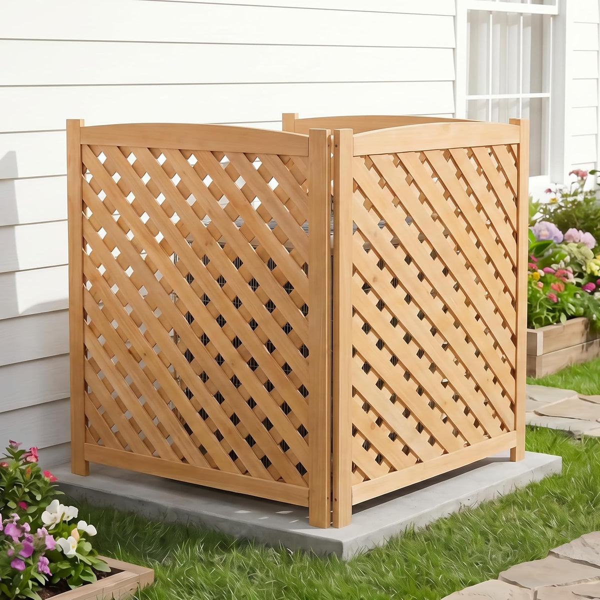 3-panel outdoor air conditioner fence screen, outside wood, main product view