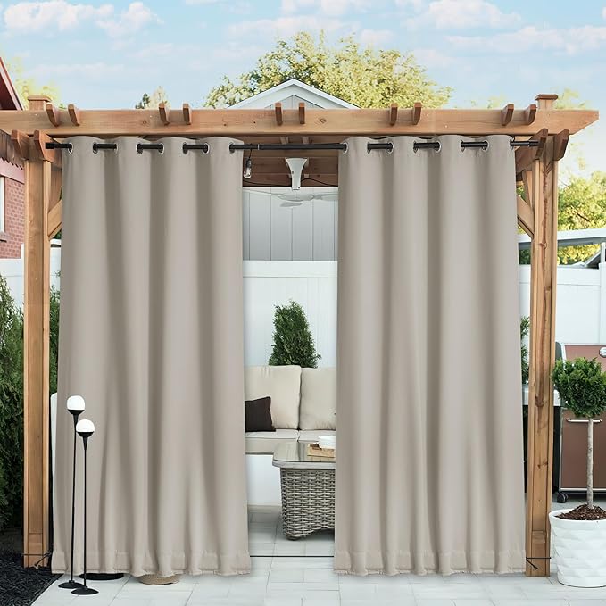 NICETOWN Outdoor Curtains for Patio Waterproof 108 inches Long 2 Panels, Windproof Thermal Insulated Top & Bottom Grommet/Back Tab Privacy Drapes with Rope for Gazebo, Natural, W52 x L108