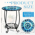 Outdoor Side Table Round Small Mosaic Patio Accent Indoor End Plant Coffee Tea Table for Yard Patio Porch Garden Living Room, Bedroom(Mandala Flower Style,14 Inch)