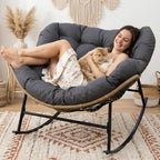 RADIATA Outdoor Papasan Rocking Chair, Oversized Patio Rocking Egg Chair | 450 Lbs Heavy Duty, Oversized Design, PE Wicker Comfy Egg Chair with Grey Cushion, Sturdy Recliner Lounge for Balcony Porch