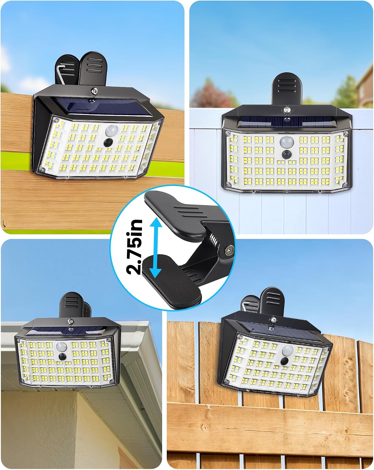LUHLEE 176LED Clip on Solar Lights Outdoor, 600LM Solar Motion Lights Outdoor with 180° Wide Angle, IP65 Waterproof Portable Solar Fence Lights Outdoor for Fence, Gutter, Garden, Camping, Patio 2Pack