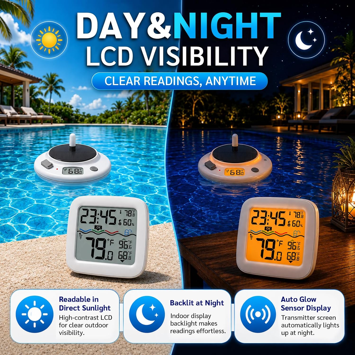 Solar Pool Thermometer, Wireless Floating Water Temperature Sensor, IPX8 Waterproof, Long Range Digital Display for Swimming Pool, Hot Tub, Spa, Pond & Lake