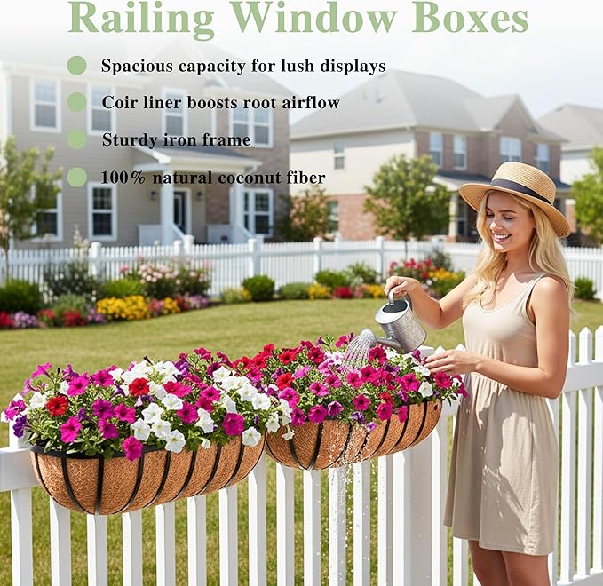 English Inviting Horse Trough Balcony Planter With Coconut LinerMetal Wall-Mounted Planter Box Deck Window Box 16 Inch (2 Pack)