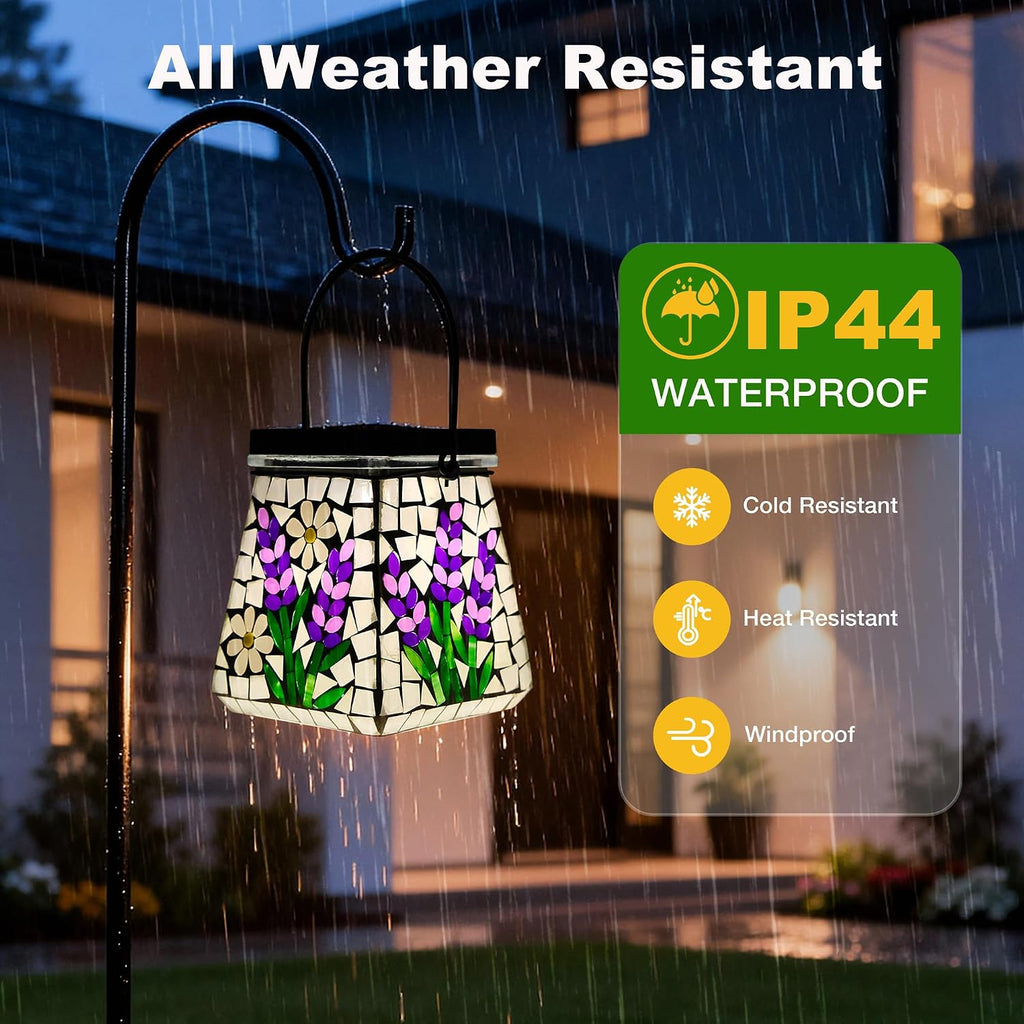 SAVENNA Mosaic Solar Lantern,Handcrafted Glass Outdoor Hanging or Table Lantern,600mAh Long Lasting Garden Light for Patio, Yard & Outdoor Decor– Lavender Pattern