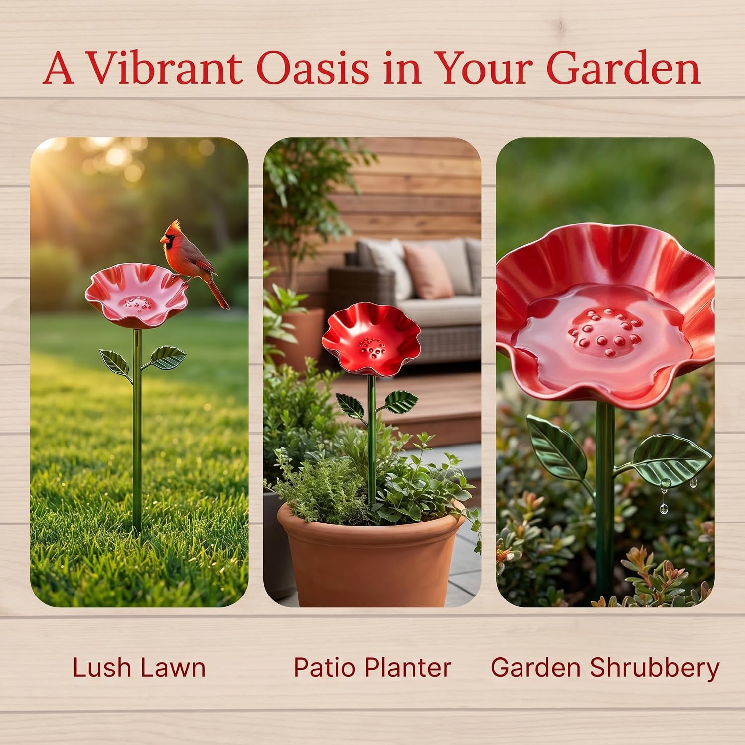 Metal Flower Garden Stakes Bird Bath, Bee Watering Station for Garden with Bee Baths and Butterfly Feeder, Decorative Outdoor Yard Art Flowers, Small Hummingbird Bath Gift for Bird Lovers, Red