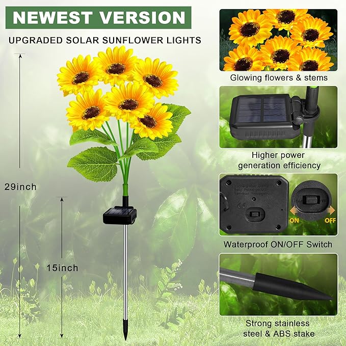 Solar Lights Outdoor Garden Decor,4 Pack with 24 Sunflower Lights,Solar Flowers Lights Waterproof,Birthday Gifts for Mom Women Grandma,Outside Decorative Stakes Light for Landscape Yard Patio Lawn