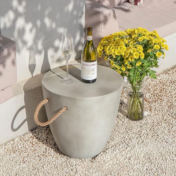 COSIEST Outdoor Shaped Side Table with Concrete Top & Hemp Rope Handles, 17'' Patio Accent Table for Garden