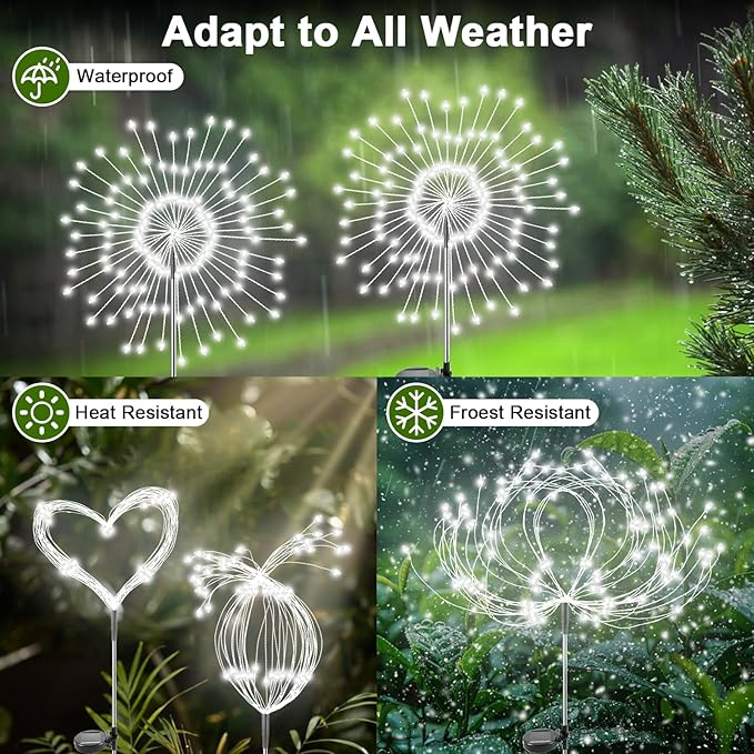 Solar Garden Lights Outdoor, 2 Pack 120 LED Twinkling Firework Lights Decorative with 2 Modes, Outdoor Waterproof Solar Starburst Light for Outside Yard Pathway Garden Decor, White