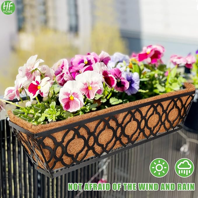 HFHOME 24 Inch Window Deck with Coco Liner, 24" Window Boxes Horse Trough with Coconut Coir Liner, Black Metal Hanging Flower Planter Basket Railing Planter for Outdoor Indoor Lawn - 4 Pack