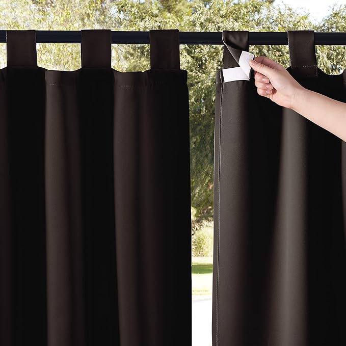NICETOWN 2 Panels Weatherproof Patio Outdoor Curtains Weighted Blackout, Self-Stick Tab Top Gazebo Drape Water-Proof Privacy Panel for Indoor & Outdoor Divider, W52 x L84, Toffee Brown