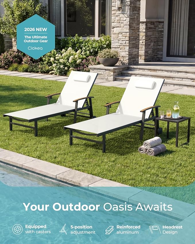 Ciokea Outdoor Lounge Chair with Pillow, 5-Position Aluminum Chaise Lounge with Wheels & Armrests, 400 lbs Heavy Duty Patio Pool Chair for Deck, Backyard, Beach & Poolside, White