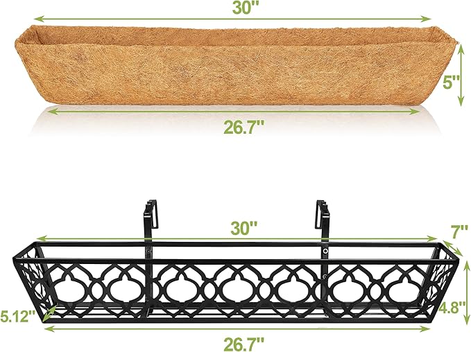 6pcs 30 Inch Window Deck with Coco Liner, 30" Window Boxes Horse Trough with Coconut Coir Liner, Metal Hanging Flower Planter Window Basket Deck Railing Planter Boxes for Outdoor Indoor Lawn