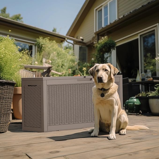 120 Gallon Outdoor Deck Box, Lockable Waterproof Outdoor Storage Boxes For Garden Tools,Indoor Cushions,Accessories Outside Storage Resin Weatherproof Container(Grey)