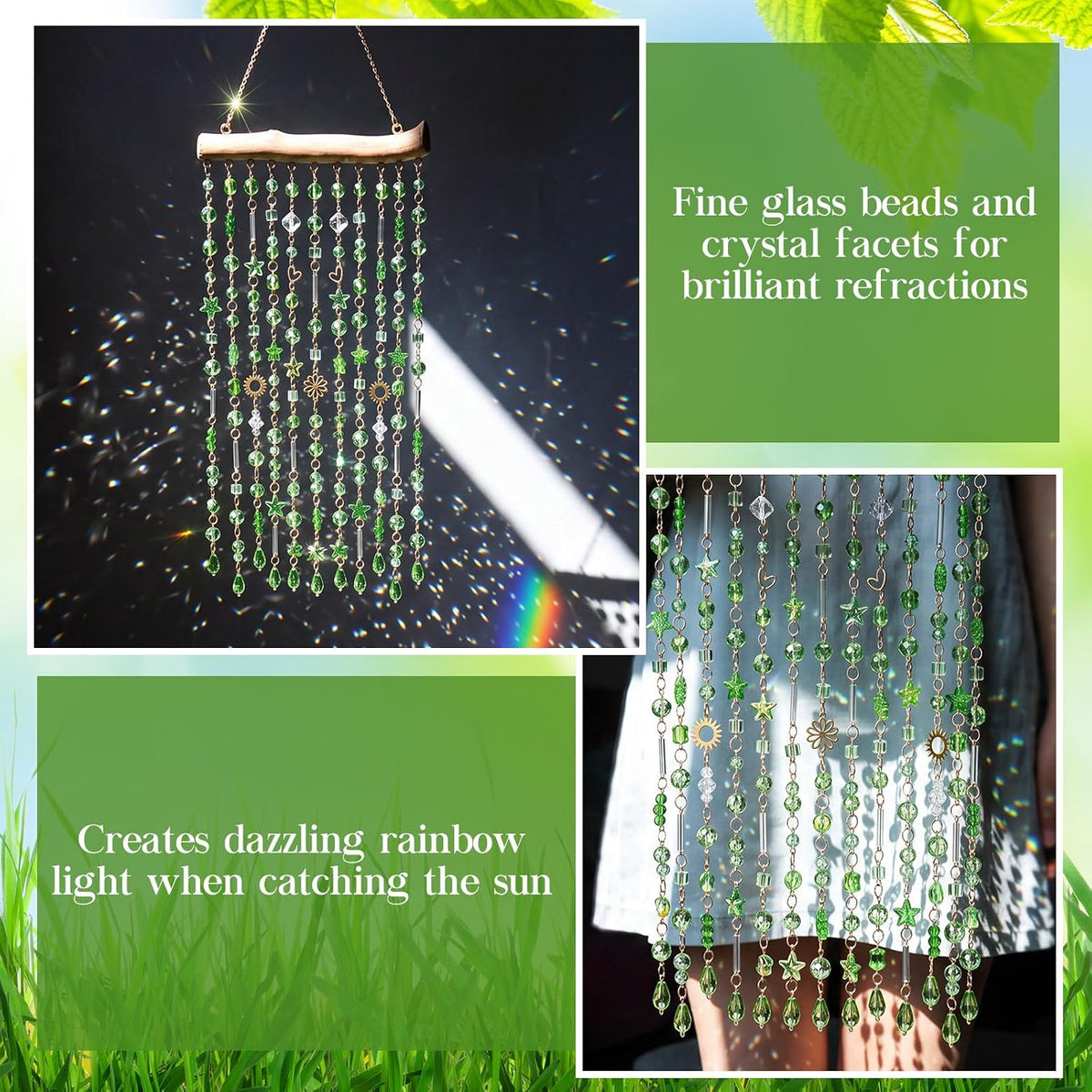 suncalla 2 pcs crystal suncatchers window hanging green, side view